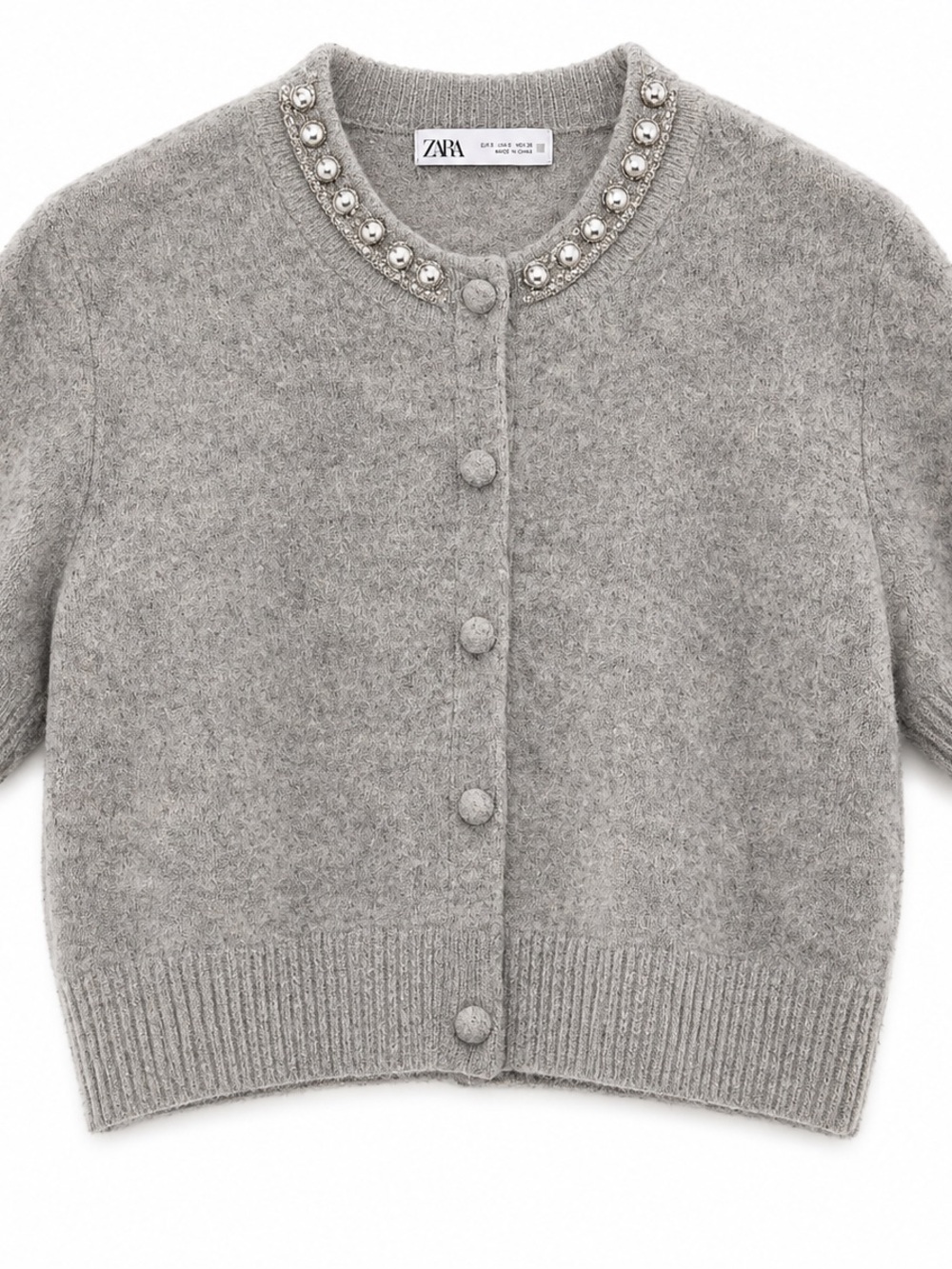 ZARA Light Grey Pearl-Embellished Button Cardigan